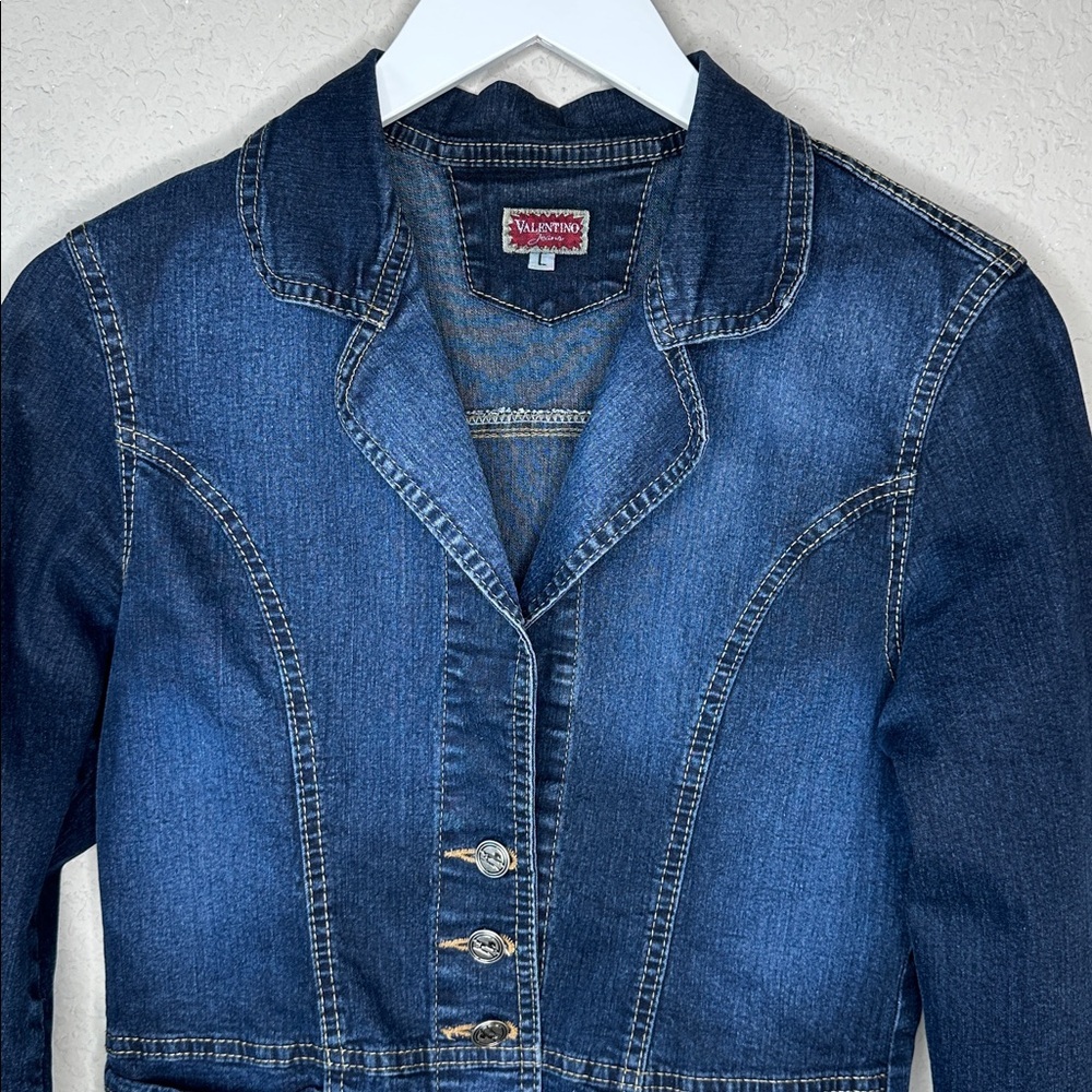 Vintage Valentino‎ Blue Denim 3 Button Blazer Style Embroidered Jean Jacket L - Picture 2 of 10